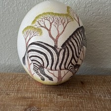 Vintage Hand Painted Ostrich Egg Zebra Safari  Decorative Artist Signed S.M. picture