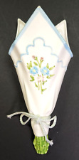 Vintage 1980s Embroidered Design Handkerchief Ceramic Flower Wall Pocket Vase picture