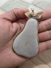 Vintage Pear Pincushion: Gray Velvet & Gold Metal, Mid-Century Modern picture
