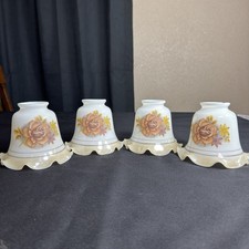 4 VTG LUSTERWARE Milk Glass Ceiling Fan Light Lamp Shades Floral Roses Ruffled picture