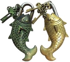 Fish Design Temple Lock Metal Hardware Old Vintage Decor/ Patina Or Brass picture