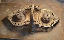 Antique Vintage Ornate gilded Double Inkwell Inkstand Tray Basket 5