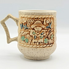 VTG 1970s Stoneware Mug Scarecrow Birds Folk Art Speckled Relief Coffee Cup picture