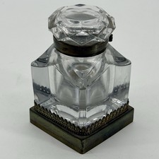 Antique Victorian Cut Glass Crystal Inkwell Brass Base Heavy Desk Scribal picture