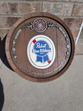 VINTAGE PABST BLUE RIBBON BEER BARREL SIGN PBR PLASTIC KEG 14 X 6