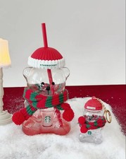 Starbucks 2026 Christmas Red Hat Bear Glass Cup Mini Bear Keychain Scarf Gift picture