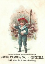 1880s-90s Young Boy Caring Snowballs Jones Keane & Co. Clothiers Trade Card picture