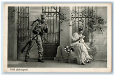Hungary Postcard Pleasantly Surprised Soldier Romance Gate c1920's WW1 picture