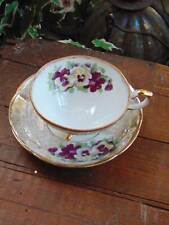 antique L & M ROYAL HALSEY FOOTED CUP & SAUCER purple yellow violets gold detail picture