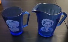 Vintage Shirley Temple Hazel Atlas  Cobalt Blue Glass Cup & Pitcher Set 1930’s picture