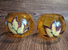 Cracked Amber Glass Bowl Votive Holder Hand Painted Leaves Clusters Vtg Set Of 2 picture