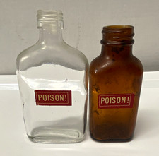 Lot of 2 Vintage Glass Poison Bottles Clear 5” & Amber 4” with 