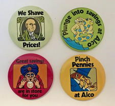 4 Vtg 1970s-80s ALCO Discount Store Employee Advertising Pinback Buttons Badges picture