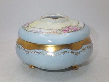 VINTAGE Porcelain Rose Gold Blue Lidded Hair Receiver MZ Austria Vanity footed picture