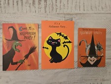 Rare Set Of 3 Vintage Unused HALLOWEEN Party Invitations Witch Black Cat Cards picture
