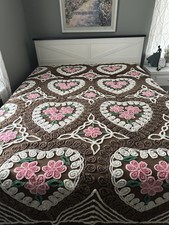 *Chocolate Hearts* Vintage Brown Heart & Floral Chenille Bedspread~86x98~FADING picture