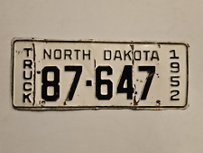 1952 North Dakota Truck License Plate 87-647 ND ‘52 White and Black Auto Tag-VTG picture