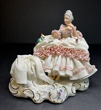 Large Dresden Germany Porcelain Lace Lady On Sofa with Parrot CROWN N Antique picture