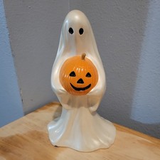Vintage 1980s Ceramic Ghost Holding Pumpkin  Hobby Painted Mold Figure picture