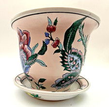 Vintage Chinoiserie Porcelain Planter Matching Saucer Pink Teal Peony Excellent picture