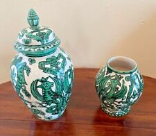 Italian Ceramic Ginger Jar & Vase Matching Hand Painted Dragons Abstract-SALE picture
