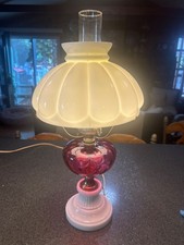 Vtg. electric Fenton / LG Wright lamp, milk glass base & shade, cranberry Font picture