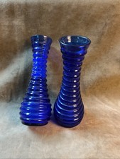 1930S Maryland Glass Company Art Deco Rings Design Bud Vase Pair Cobalt Blue picture