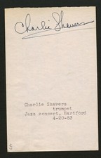 Charlie Shavers (d. 1971) signed autograph 3x5 cut Trumpeter w/ Dizzy Gillespie picture