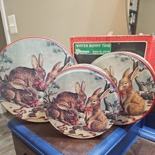 Set of 3 Vintage  Rabbits In Snow Cookie Tin Bunnies Winter Wonderland Scene picture