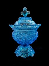 EAPG SUGAR BELMONT GLASS WORKS NO. 100 Daisy & Button BLUE Glass  1886 Perfect picture