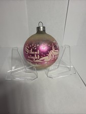 Vintage Shiny Brite Silent  Night stencil Pink White Ombre Ornament W/ Church 2” picture