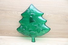 Vintage Green Plastic Christmas Tree Serving Tray Bells Poinsettias Holiday Deco picture