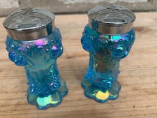 Fenton VTG Blue Iridescent Carnival Glass Salt & Pepper Shaker Cabbage Rose 3.5