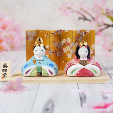 Japanese Hina Doll Set Vintage Style Sakura Screen Hinamatsuri Decor Yakushigama picture