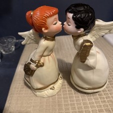 Vintage MCM Kissing Angel Figurines Music made In Hong Kong Holiday Pair Angels picture