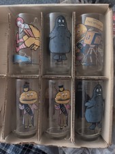 Vintage 1977 McDonald's Action series Glasses. set of 6. collectable old faded  picture