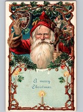 c1907 A Merry Christmas Santa Claus Smoking Pipe St Nicholas Xmas Red Robe picture