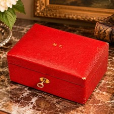 Nice Antique Mark Cross Red Leather Jewelry Box Luxury Case with Lock & Key  picture