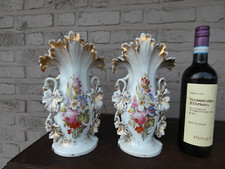 antique pair Vieux paris porcelain floral paint vases picture