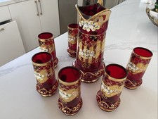 Czech Bohemian Glass 24K Gold Hand Enameled Floral Lemonade /Water Set- 7pc- New picture