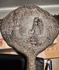 Vintage Silver Plated Hand Mirror Ornate Courting Couple Garden Scene Unmarked picture