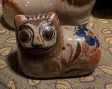 Vintage Jorge Wilmot Tonala Mexican Pottery Glazed Stoneware small Cat & Flower picture