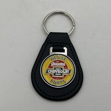 We Use Genuine CHEVROLET Parts VTG Style Sign METAL Enamel Leather KEYCHAIN Fob picture
