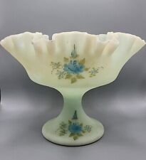 VTG Fenton hand painted signed H Curry satin Blue Flower Glass Pedestal Compote  picture