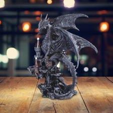 Medieval Black Dragon on Castle Statue 7.75