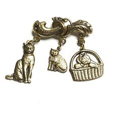 Vintage Cat Brooch Gold Tone Cat Pin Charms 1 Inch 3 Cats picture