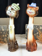 1956 NAPCO Japan Anthropomorphic Long Neck KITTEN & DOG SALT/PEPPER SHAKERS picture