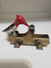 Vintage 1950s Woodpecker on Log Metal Cast Iron Toothpick Holder Dispenser Works picture