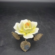 Italian Capodimonte Yellow Porcelain Rose Figurine Silver Tone Metal Leaves picture