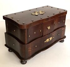ANTIQUE-BRASS RIVETED-MAHOGANY-SILK LINED-COMPARTMENT-JEWELRY BOX-DRESSER BOX picture